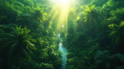 Obraz premium Lush Tropical Paradise: An Aerial View of a Serene River Flowing Through a Verdant Jungle Canopy