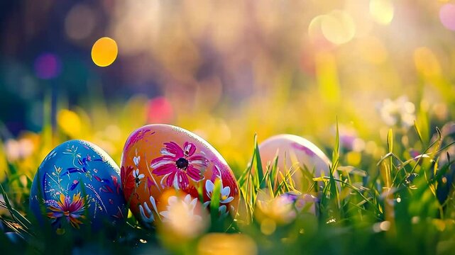 Easter eggs taken large, in the green grass with the rays of the morning rising sun. The sun's glare is blurred in the background. Generative 4k video.
