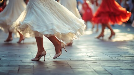 Elegant dancers in motion with dresses swirling, capturing a scene filled with color, joy, and rhythm on a lively plaza.