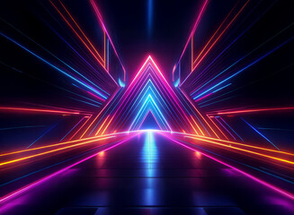 Fototapeta premium A vibrant, neon-lit corridor featuring a striking triangular structure at its center. Bright pink, blue, and orange lines converge, creating a dynamic and futuristic atmosphere. The reflective floor