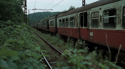 Obraz premium Abandoned train cars sit quietly on rusted tracks, surrounded by dense foliage, evoking a sense of nostalgia and forgotten journeys.