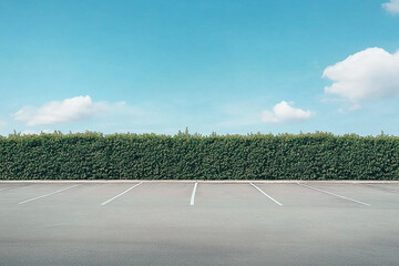 Empty parking lot with green hedges and white lines under a blue sky with few clouds
