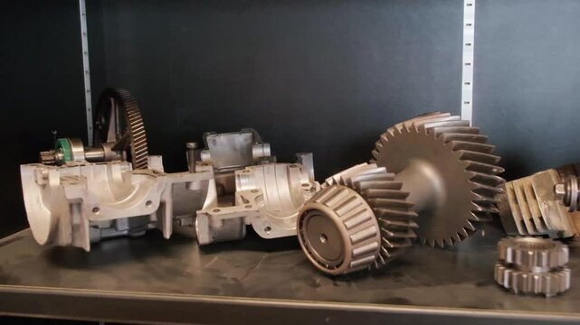 Close-up of industrial gear wheels on a table in a workshop setting