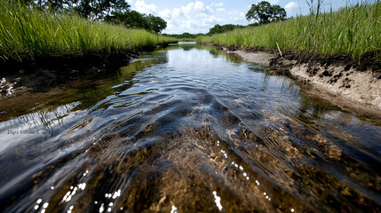 Naklejka premium Calm stream flows through grassy marsh, sunny day. Nature conservation use