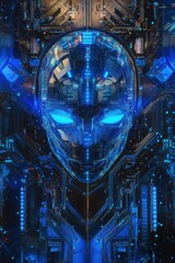 Cybernetic Head Embedded in Futuristic Circuitry Explores Artificial Intelligence and Machine Consciousness