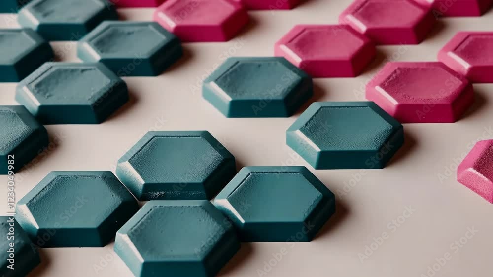 Aufkleber a row of multi-colored hexagons, some blue, some pink, arranged in a certain order. the blue hexagon