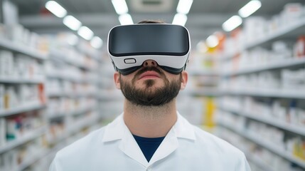 Augmented reality is transforming healthcare and retail experiences. Man in lab coat using virtual reality headset in a pharmacy aisle.