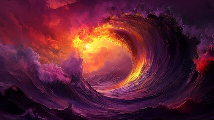 Fiery crimson wave crashes dramatically vivid purple sky sunset dramatic swirling composition. AI Generated
