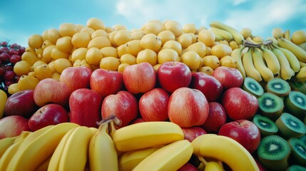 Sunlit display of ripe, fresh fruits against a clear blue sky highlights the abundance and vibrancy of nature's offerings.