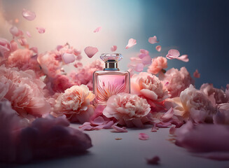 A perfume bottle rests amidst a profusion of delicate pink peony blossoms and falling petals, bathed in soft, ethereal light. The scene evokes romance and femininity.