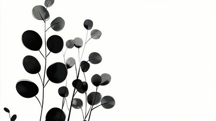 Black and white eucalyptus leaves on white background, space for text, design