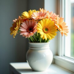 Fototapeta premium Daisies arranged in ceramic vase, soft light from window, summer, flowers