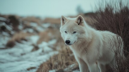 Obraz premium A white wolf, with a piercing gaze, stands amidst a snow-dusted landscape, embodying strength and winter's mystique.