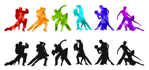 Paired dancing silhouettes of people, dancers man and woman, girl and guy. Vector illustration of dance. Tango. Waltz.