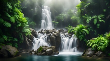 Fototapeta premium Serene waterfall cascading through lush tropical foliage, creating a tranquil and misty scene.