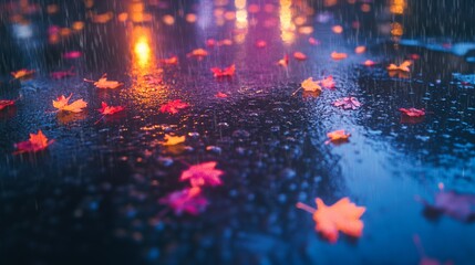 Fototapeta premium Vibrant autumn leaves reflect on a wet road during a rainy night, with warm lights illuminating the scene.