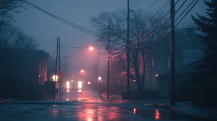 A quiet, rain-soaked street is softly illuminated by distant streetlights, enveloped in an atmosphere of solitude and nostalgia.