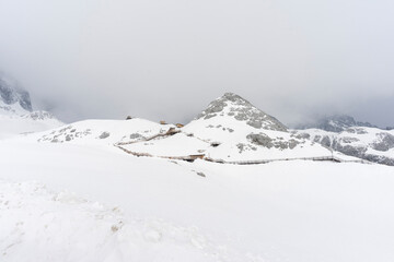 Beautiful view of Jade Dragon Snow Mountain (or Mt. Yulong) in Yulong Naxi Autonomous County, Lijiang, in Yunnan province, China.