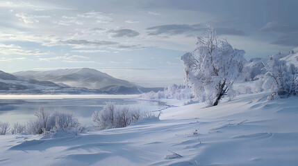 Winter meadow with frosted trees and distant hills