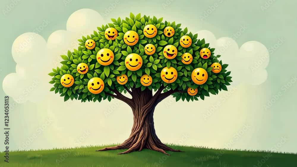 Poster A tree with many smiling faces on it. The tree is surrounded by grass