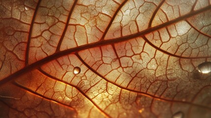 Obraz premium Close-up of a leaf pattern detailed with water droplets, capturing the intricate beauty and delicate textures of nature.