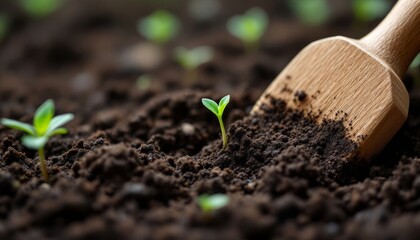 Fragile sprouts emerge from dark earth nurtured by gentle gardening tool