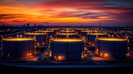 Naklejka premium Sunset Views of Industrial Storage Tanks