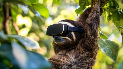Obraz premium A sleepy sloth hanging upside down from a tree branch, wearing a virtual reality headset.