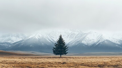 A lone evergreen tree stands resiliently amidst a vast, golden meadow, backed by majestic snow-capped mountains.