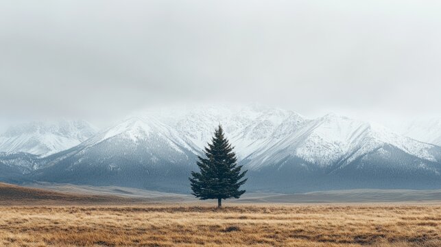 A lone evergreen tree stands resiliently amidst a vast, golden meadow, backed by majestic snow-capped mountains.