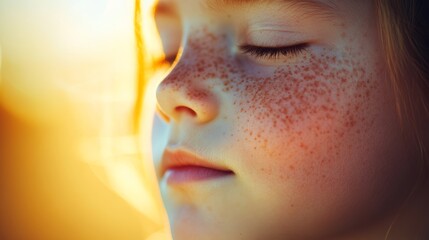 A serene close-up of a child’s freckled face bathed in warm, golden light, eyes closed, capturing a peaceful and contemplative moment.