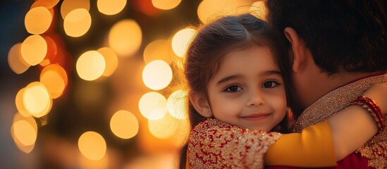 A joyful child smiling while being embraced by an adult amidst festive holiday lights