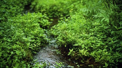 Fototapeta premium A narrow brook winds through lush greenery, evoking tranquility and the refreshing allure of nature’s untouched beauty.