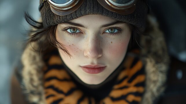 Intense gaze piercingly meets the camera soft light accentuates freckles. AI Generated