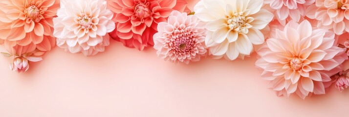 Obraz premium Different pink pastel dahlia flowers background with copy space. Banner, card for spring, summer, gardening. Floristic decoration. Natural floral background.