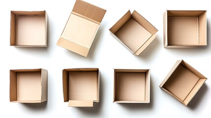 A collection of empty cardboard boxes with open flaps, showcasing their use in moving and packing, isolated on a white background