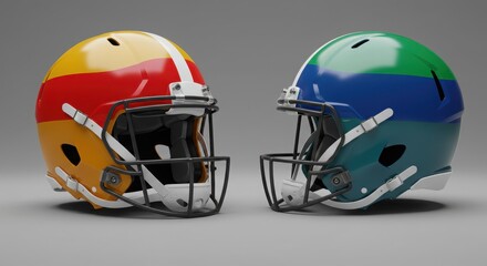 Fototapeta premium Two Football Helmets: Yellow, Red, White and Blue, Green, White