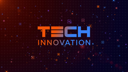 Obraz premium Modern digital background featuring Tech Innovation text over a glowing futuristic grid with blue and orange squares, ideal for technology, AI, and innovation themes
