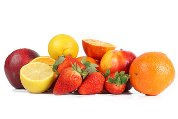 A vibrant assortment of fresh fruits, including ripe strawberries, juicy oranges, and zesty lemons, on white background