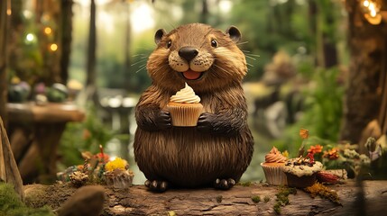 A smiling beaver holding a cupcake in its paws, sitting on a log surrounded by forest-themed decorations.