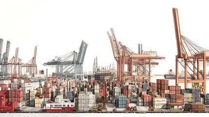 A detailed view of the Hamburg harbor with ships unloading cargo containers, highlighting port operations and maritime transport, set against a white background
