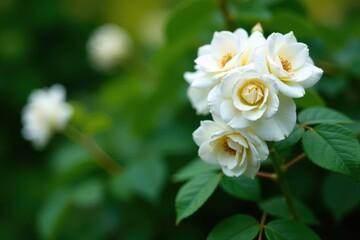 Obraz premium Snow-white rose blossoms clustered on a vibrant green bush , texture, flowers