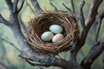 Fototapeta premium The delicate and intricate beauty of a bird's nest in its natural setting, the woven twigs, soft feathers, and eggs, set against a serene tree branch leafy backdrop.