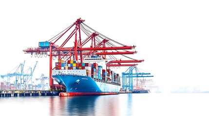A focused view of the Hamburg port with a container ship docking and cranes in action, showcasing the logistics and transportation industry, isolated on a white background