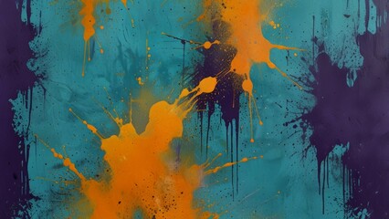 Fototapeta premium Dynamic Orange Paint Splash on Teal, Purple, and Gray Striped Background Creating Vibrant Movement
