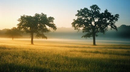 Lone trees stand gracefully in a mist-covered field as the sun rises, casting a golden hue across the dew-kissed grass; a serene countryside morning.