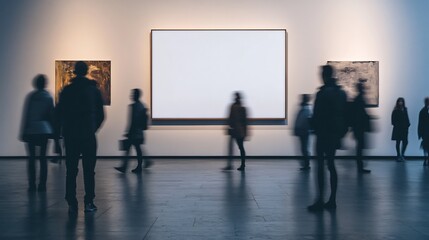 Gallery visitors softly observe art; warm light illuminates modern minimalist exhibit. AI Generated