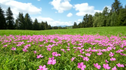 Vibrant pink wildflowers in lush green meadow under blue sky