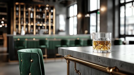 Glass of whiskey on bar counter in elegant modern lounge with green velvet chairs and warm lighting ambiance.