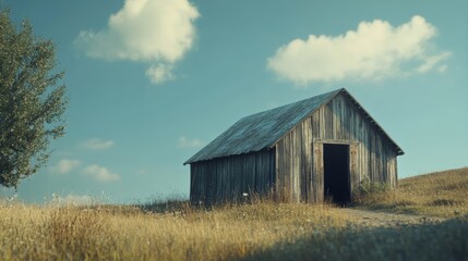 Obraz premium An isolated barn on a gently rolling field, under a bright sky, speaks of rustic charm and the quiet simplicity of rural life.